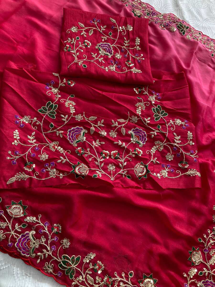 MODERN STAR GEORGETTE EMBROIDERY CUTWORK WORK ARC BORDER WORK SAREE WITH UNSTITCHED BLOUSE WEDDING WEAR WHOLESALE PRICE ETHNIC GARMENT (7)