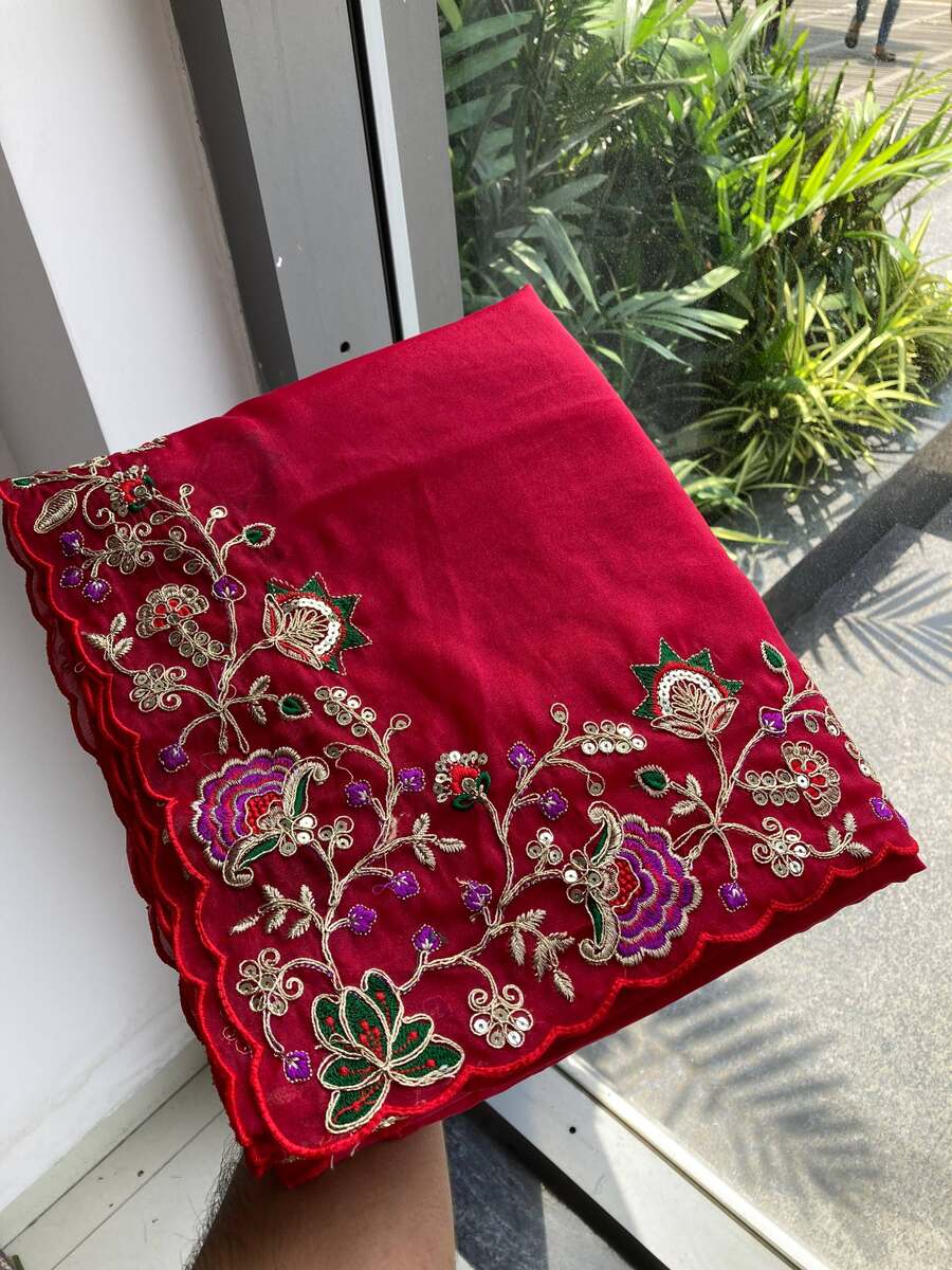 MODERN STAR GEORGETTE EMBROIDERY CUTWORK WORK ARC BORDER WORK SAREE WITH UNSTITCHED BLOUSE WEDDING WEAR WHOLESALE PRICE ETHNIC GARMENT (8)