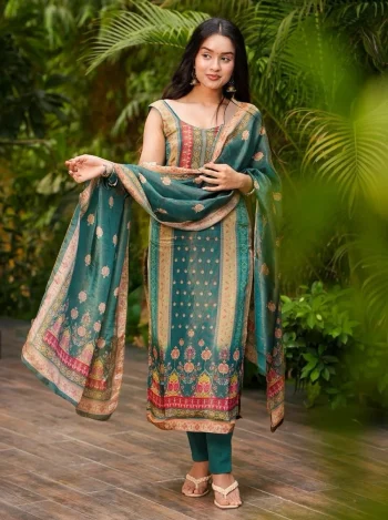 MODERN ZARNA SILK PRINTED WORK TOP BOTTOM WITH DUPATTA GREEN