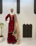 NEW ARRIVAL CHINON SEQUENCE EMBROIDERY WORK TOP PALAZZO WITH DUPATTA MAROON
