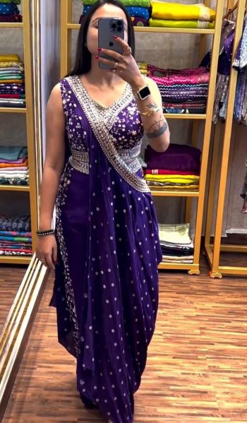 NEW ARRIVAL CHINON THREAD SEQUENCE WORK STITCHED BLOUSE PALAZZO WITH DUPATTA PURPLE