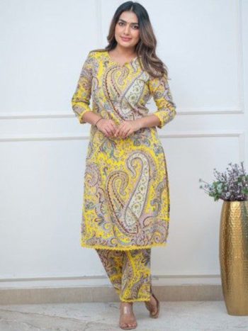 NEW ARRIVAL COTTON DIGITAL PRINT WORK TOP BOTTOM SET YELLOW