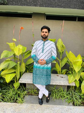 NEW ARRIVAL COTTON LEHERIYA PATTERN WITH BANDHNI DAMAN PRINT WORK MEN'S KURTA PAYJAMA RAMA