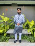 NEW ARRIVAL COTTON LEHERIYA PATTERN WITH BANDHNI DAMAN PRINT WORK MEN'S KURTA PAYJAMA GREY