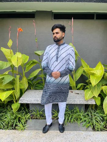NEW ARRIVAL COTTON LEHERIYA PATTERN WITH BANDHNI DAMAN PRINT WORK MEN'S KURTA PAYJAMA GREY