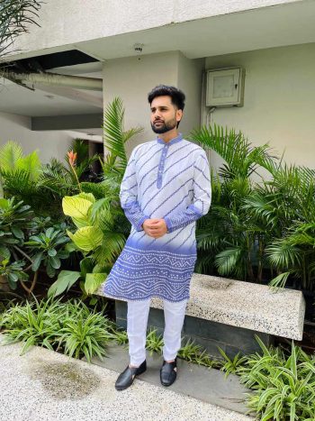NEW ARRIVAL COTTON LEHERIYA PATTERN WITH BANDHNI DAMAN PRINT WORK MEN'S KURTA PAYJAMA LAVENDER