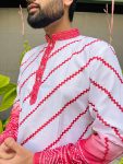 NEW ARRIVAL COTTON LEHERIYA PATTERN WITH BANDHNI DAMAN PRINT WORK MEN’S KURTA PAYJAMA FESTIVE WEAR WHOLESALE PRICE ETHNIC GARMENT (6)
