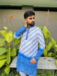 NEW ARRIVAL COTTON LEHERIYA PATTERN WITH BANDHNI DAMAN PRINT WORK MEN'S KURTA PAYJAMA BLUE