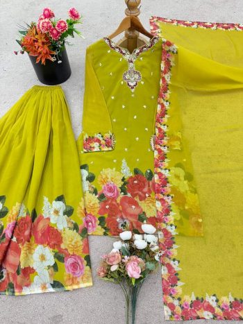 NEW ARRIVAL GEORGETTE EMBROIDERY SEQUENCE WORK WITH DIGITAL PRINT WORK TOP PALAZZO WITH DUPATTA PARROT GREEN