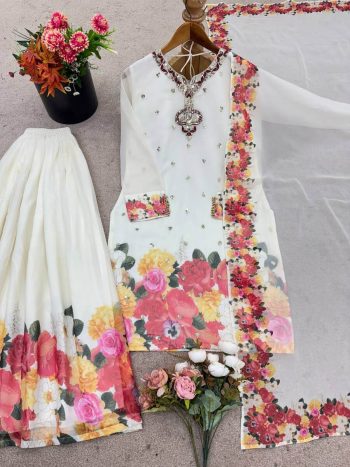 NEW ARRIVAL GEORGETTE EMBROIDERY SEQUENCE WORK WITH DIGITAL PRINT WORK TOP PALAZZO WITH DUPATTA WHITE