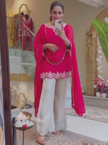 NEW ARRIVAL GEORGETTE EMBROIDERY WORK TOP PALAZZO WITH DUPATTA PINK