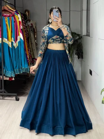 NEW ARRIVAL GEORGETTE PLIAN LEHENGA WITH STITCHED BLOUSE AND PRINT WITH FOIL WORK KOTI TEAL