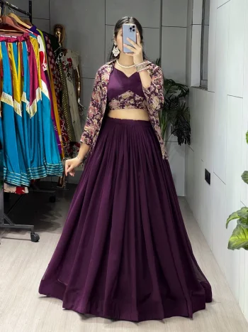 NEW ARRIVAL GEORGETTE PLIAN LEHENGA WITH STITCHED BLOUSE AND PRINT WITH FOIL WORK KOTI WINE