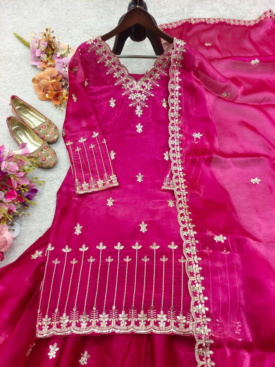 NEW ARRIVAL JIMMY SILK EMBROIDERY SEQUENCE WORK TOP PALAZZO WITH DUPATTA WEDDING WEAR WHOLESALE PRICE ETHNIC GARMENT (1)