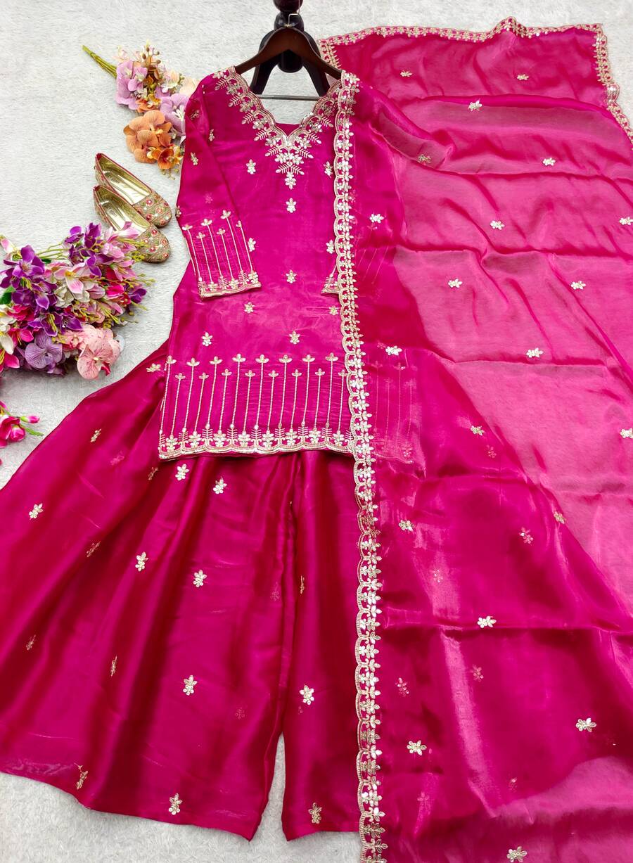 NEW ARRIVAL JIMMY SILK EMBROIDERY SEQUENCE WORK TOP PALAZZO WITH DUPATTA WEDDING WEAR WHOLESALE PRICE ETHNIC GARMENT (11)