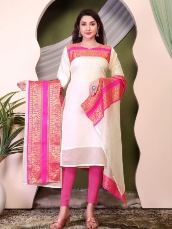 NEW ARRIVAL KANCHI COTTON JACQUARD WEAVING WORK TOP DUPATTA SET WHITE