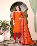 NEW ARRIVAL KANCHI COTTON JACQUARD WEAVING WORK TOP DUPATTA SET ORANGE