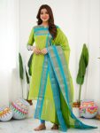 NEW ARRIVAL KANCHI COTTON JACQUARD WEAVING WORK TOP DUPATTA SET PARROT GREEN