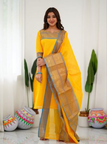 NEW ARRIVAL KANCHI COTTON JACQUARD WEAVING WORK TOP DUPATTA SET YELLOW