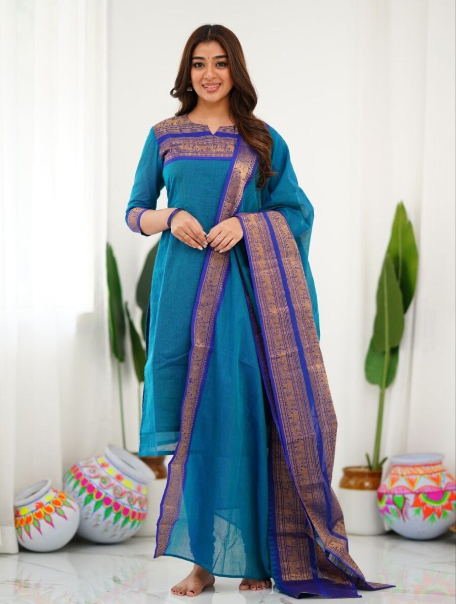 NEW ARRIVAL KANCHI COTTON JACQUARD WEAVING WORK TOP DUPATTA SET FESTIVE WEAR WHOLESALE PRICE ETHNIC GARMENT (9)