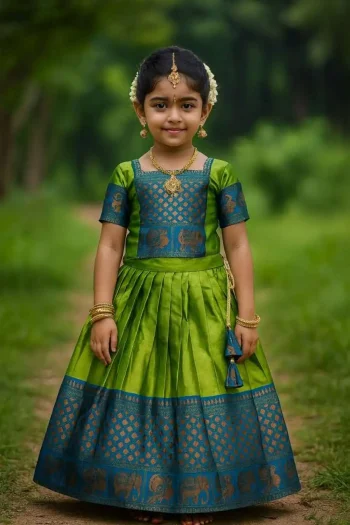 NEW ARRIVAL LICHI SILK JACQUARD WORK KID'S LEHENGA CHOLI GREEN