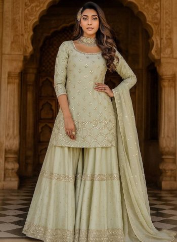 NEW ARRIVAL NYLON SILK PAPER FOIL WORK TOP PALAZZO WITH DUPATTA SEA GREEN