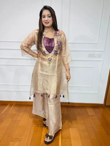 NEW ARRIVAL ORGANZA BEAUTIFUL THREAD & SEQUENCE EMBROIDERY WORK TOP BLOUSE WITH BOTTOM WINE AND OFF WHITE