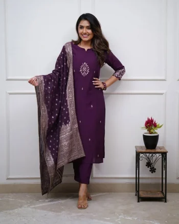 NEW ARRIVAL PV CHANDERI EMBROIDERY WORK TOP BOTTOM WITH DUPATTA PURPLE