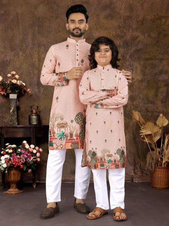 NEW ARRIVAL RAYON COTTON CROCHET WORK FATHER & SON COMBO SET PEACH