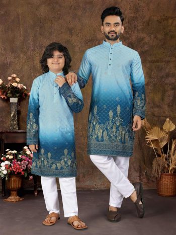 NEW ARRIVAL RAYON COTTON CROCHET WORK FATHER & SON COMBO SET SKY