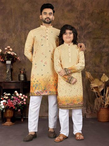 NEW ARRIVAL RAYON COTTON CROCHET WORK FATHER & SON COMBO SET YELLOW