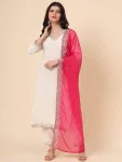 NEW ARRIVAL RAYON EMBROIDERY BORDER WORK TOP BOTTOM WITH DUPATTA  WHITE AND RANI