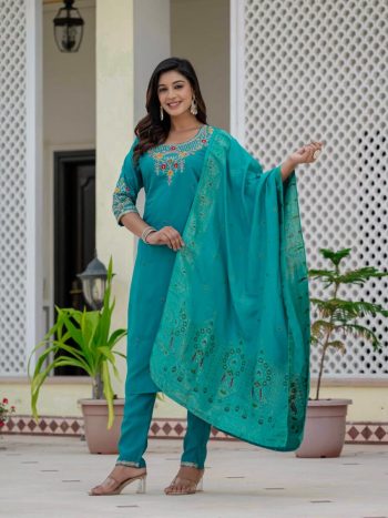 NEW ARRIVAL ROMAN SILK CODING EMBROIDERY WITH SEQUENCE WORK TOP BOTTOM WITH DUPATTA RAMA