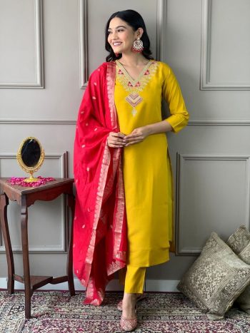 NEW ARRIVAL ROMAN SILK CODING WORK TOP BOTTOM WITH DUPATTA YELLOW
