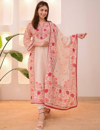 NEW ARRIVAL SOFT MUSLIN DIGITAL PRINTED WITH HAND DIAMOND WORK TOP BOTTOM WITH DUPATTA CREAM