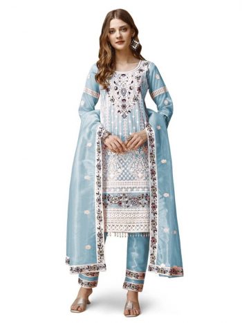 NEW ARRIVAL TWILL NET CHAIN WORK TOP BOTTOM WITH DUPATTA SKY