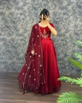 NEW ARRIVAL VELVET WITH TISSUE NET EMBROIDERY WORK GOWN WITH DUPATTA RED