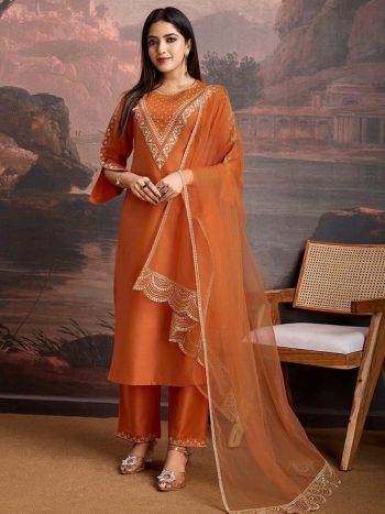 NEW ARRIVAL VISCOSE ROMAN EMBROIDRY WORK TOP BOTTOM WITH DUPATTA ORANGE