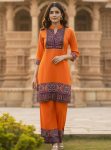 PREMIUM RAYON HAND THREAD AND MOTI WORK WITH SEQUENCE WORK CO-ORD SET ORANGE