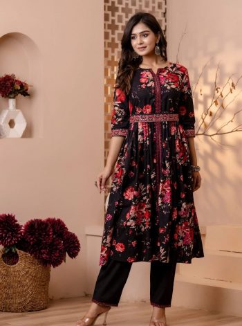 RICH LOOK 14KG RAYON EMBROIDERY SEQUENCE WORK ANARKALI TOP BOTTOM WITH WAIST BELT BLACK