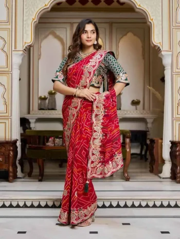 RICH LOOK BHANDEJ PITHA & GOTA PATTI WORK SAREE WITH UNSTITCHED BLOUSE RED