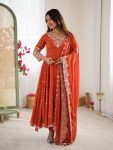 RICH LOOK BLOOMING FAUX EMBROIDERY RAINBOW SEQUENCE WITH MOTI WORK GOWN BOTTOM WITH DUPATTA ORANGE