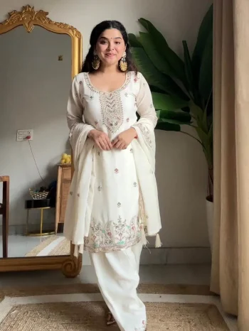 RICH LOOK CHINON BEADS AND SEQUENCE EMBROIDERY WORK TOP PATIYALA WITH DUPATTA WHITE