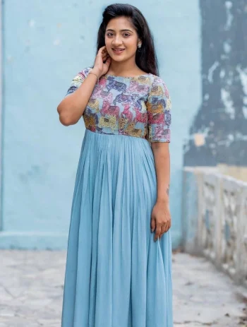 RICH LOOK CHINON HANDWORK & KALAMKARI PRINT WORK GOWN WITH DUPATTA SKY