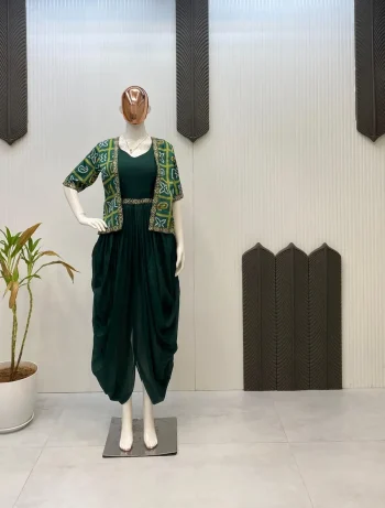RICH LOOK CHINON SEQUENCE MBROIDERY LACE WORK ONE PIECE DHOTI STYLE WITH KOTI GREEN