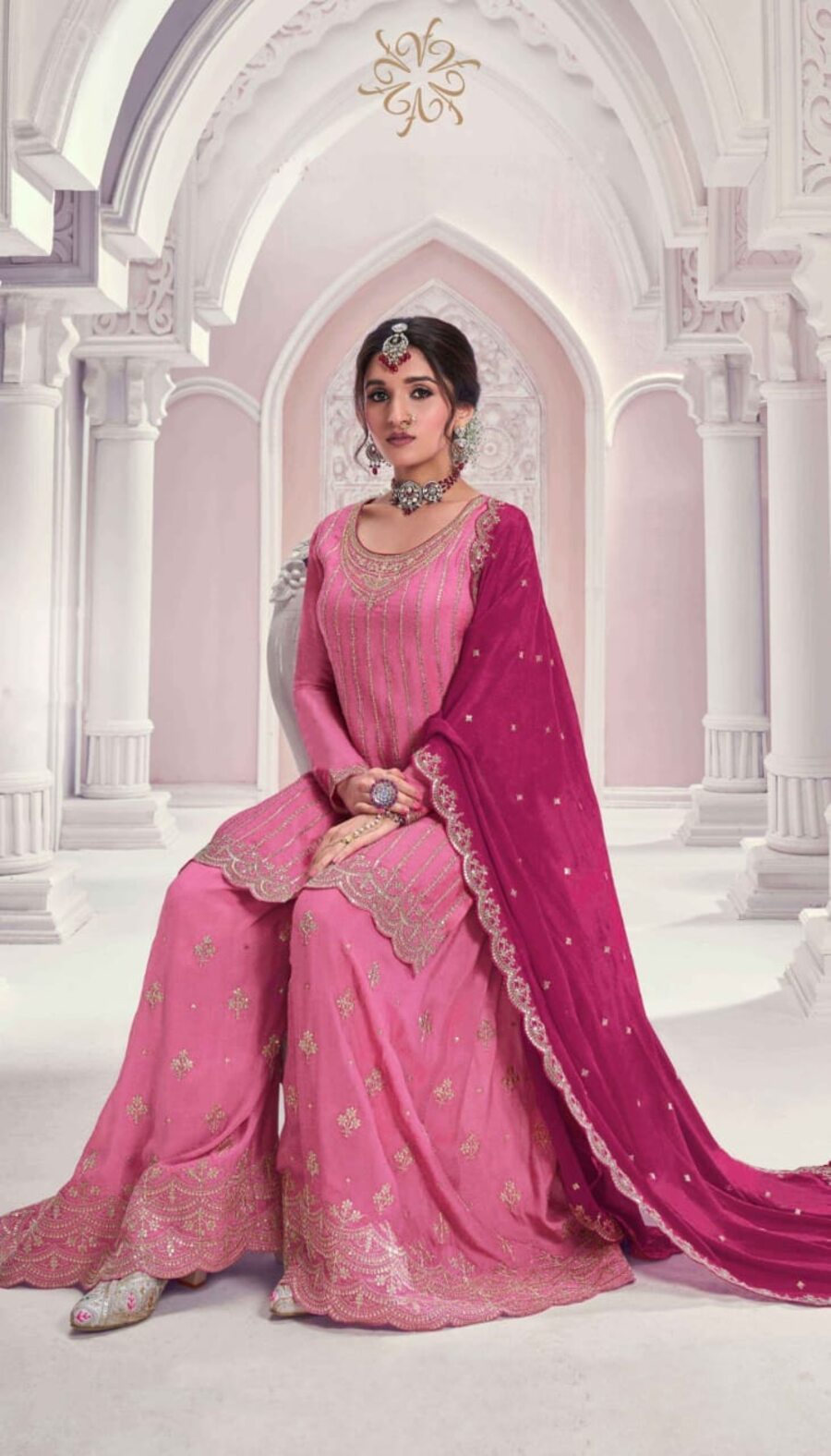 RICH LOOK CHINON SILK EMBROIDERY CODING SEQUENCE WORK WITH REAL MIRROR WORK TOP PALAZZO WITH DUPATTA FESTIVE WEAR WHOLESALE PRICE ETHNIC GARMENT (2)