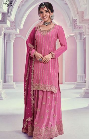 RICH LOOK CHINON SILK EMBROIDERY CODING SEQUENCE WORK WITH REAL MIRROR WORK TOP PALAZZO WITH DUPATTA PINK