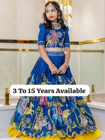 RICH LOOK CHINON SILK POSITION PRINT EMBROIDERY WORK KID'S LEHENGA CHOLI WITH DUPATTA BLUE