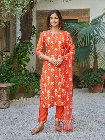 RICH LOOK COTTON BLEND PRINTED WORK TOP BOTTOM WITH DUPATTA ORANGE