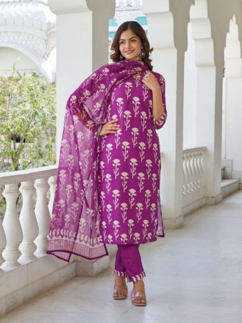 RICH LOOK COTTON BLEND PRINTED WORK TOP BOTTOM WITH DUPATTA PURPLE